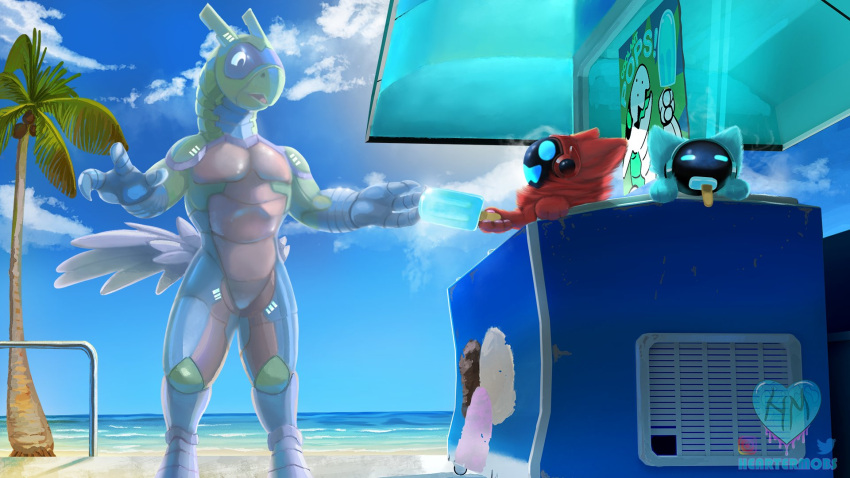 16:9 2023 3_fingers anthro beach cloud dessert featureless_crotch feral fingers food frozen group heartermobs hi_res ice_cream ice_cream_stand machine male nude outside palm_tree plant protogen robot seaside synth_(vader-san) tree trio widescreen