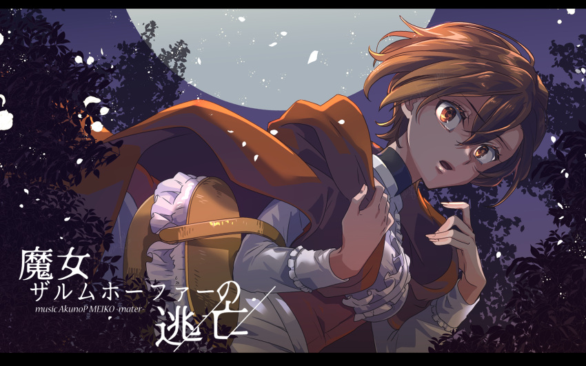 basket blouse branch breasts brown_cloak brown_eyes brown_hair character_name choker cloak dress english_text engrish_text evillious_nendaiki female forest frilled_shirt frills full_moon highres holding holding_basket hood hood_down hooded_cloak large_breasts leaf looking_at_viewer majo_salmhofer_no_toubou_(vocaloid) meiko_(vocaloid) meta_salmhofer moon nature night open_mouth petals ranguage red_dress ribbon shirt short_hair silhouette song_name surprised tree typo ui_(rot) vocaloid white_shirt