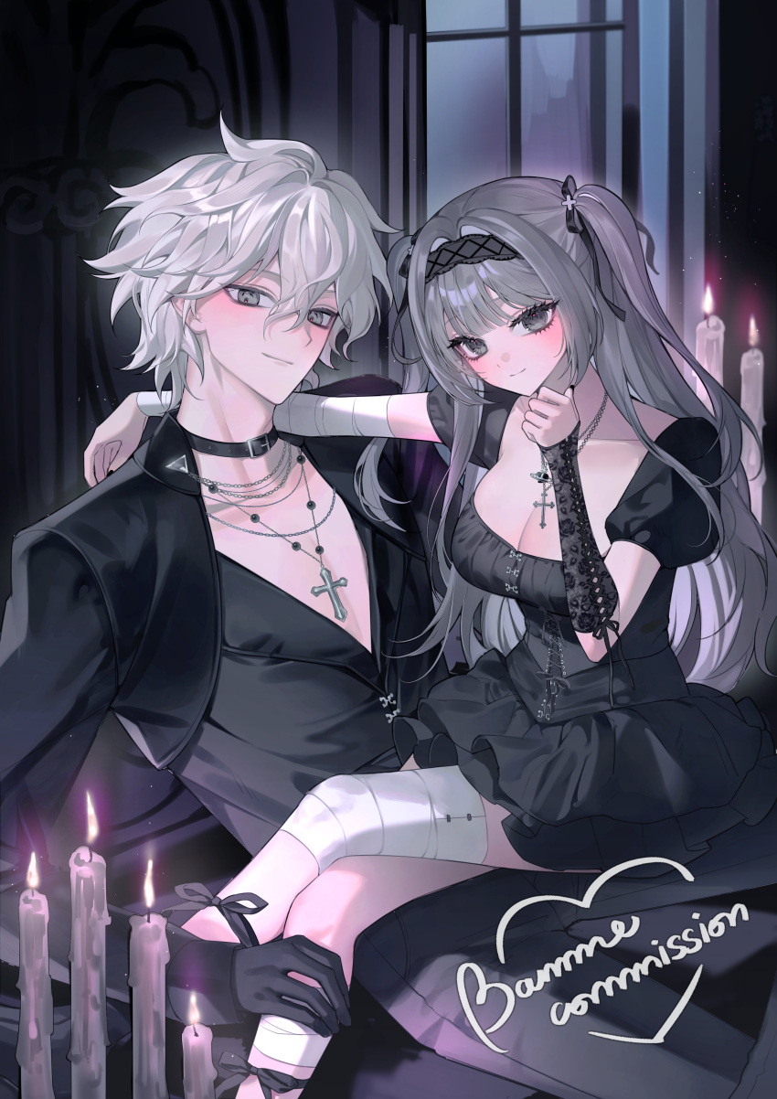 1boy absurdres bamme_o3o bandaged_knees black_choker black_dress black_gloves black_hairband black_jacket black_nails black_ribbon black_shirt breasts brown_eyes character_request check_copyright choker cleavage commission copyright_request cross cross_necklace danganronpa_(series) danganronpa_2:_goodbye_despair detached_sleeves dress female gloves grey_hair hair_between_eyes hair_ribbon hairband hand_up heart highres jacket jewelry komaeda_nagito large_breasts nail_polish necklace open_clothes open_jacket puffy_short_sleeves puffy_sleeves ribbon shirt short_hair short_sleeves sitting sitting_on_lap sitting_on_person smile window