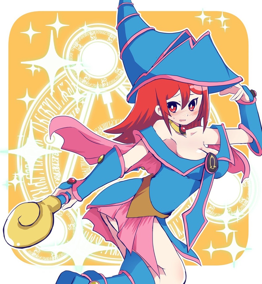 bare_shoulders blue_footwear blue_hat blush breasts choker cleavage cosplay dark_magician_girl dark_magician_girl_(cosplay) female hair_between_eyes hat highres holding holding_wand hys-d little_witch_academia long_hair looking_at_viewer red_eyes red_hair shiny_chariot solo wand wizard_hat yu-gi-oh!