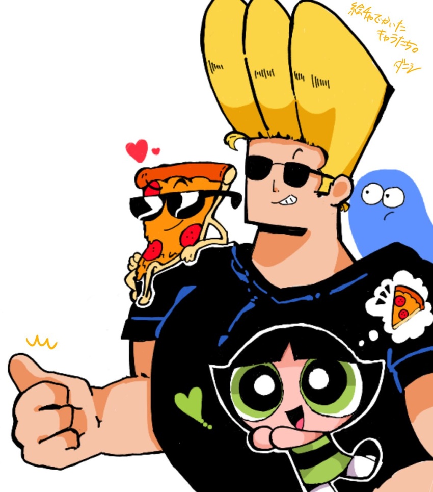 1boy 2others black_hair black_shirt blonde_hair blooregard_q_kazoo buttercup_(ppg) cartoon_network crossover danishi dress female food foster's_home_for_imaginary_friends green_dress green_eyes heart highres johnny_bravo johnny_bravo_(series) looking_at_viewer multiple_others open_mouth pizza pizza_slice pizza_steve powerpuff_girls shirt simple_background smile sunglasses t-shirt thought_bubble translated uncle_grandpa upper_body white_background