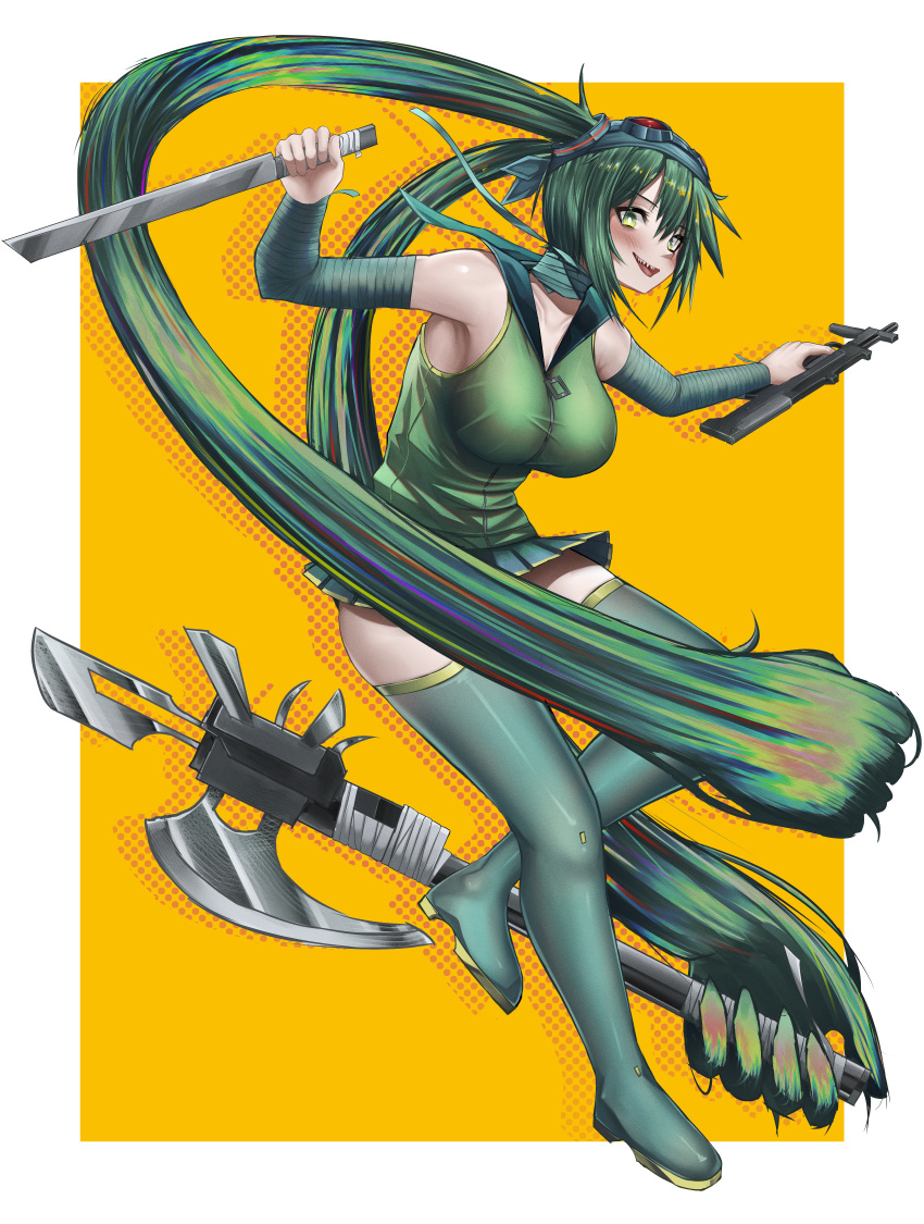 absurdly_long_hair absurdres aqua_sailor_collar arm_wrap assault_rifle axe bandaged_neck bandages battle_axe blush boots border breasts bullpup check_weapon collarbone commentary_request commission english_commentary female finger_on_trigger full_body goggles goggles_on_head green_eyes green_footwear green_hair green_skirt green_vest gun hair_censor hank_miku hatsune_miku highres holding holding_axe holding_gun holding_weapon kafu_(kafu6416) l85 large_breasts long_hair looking_at_viewer machete madness_combat mixed-language_commentary multiple_weapons open_mouth original pixiv_commission pleated_skirt prehensile_hair rifle sailor_collar sharp_teeth simple_background skirt sleeveless smile solo teeth thigh_boots triple_wielding twintails upper_teeth_only very_long_hair vest vocaloid weapon weapon_request white_border yellow_background zipper_pull_tab