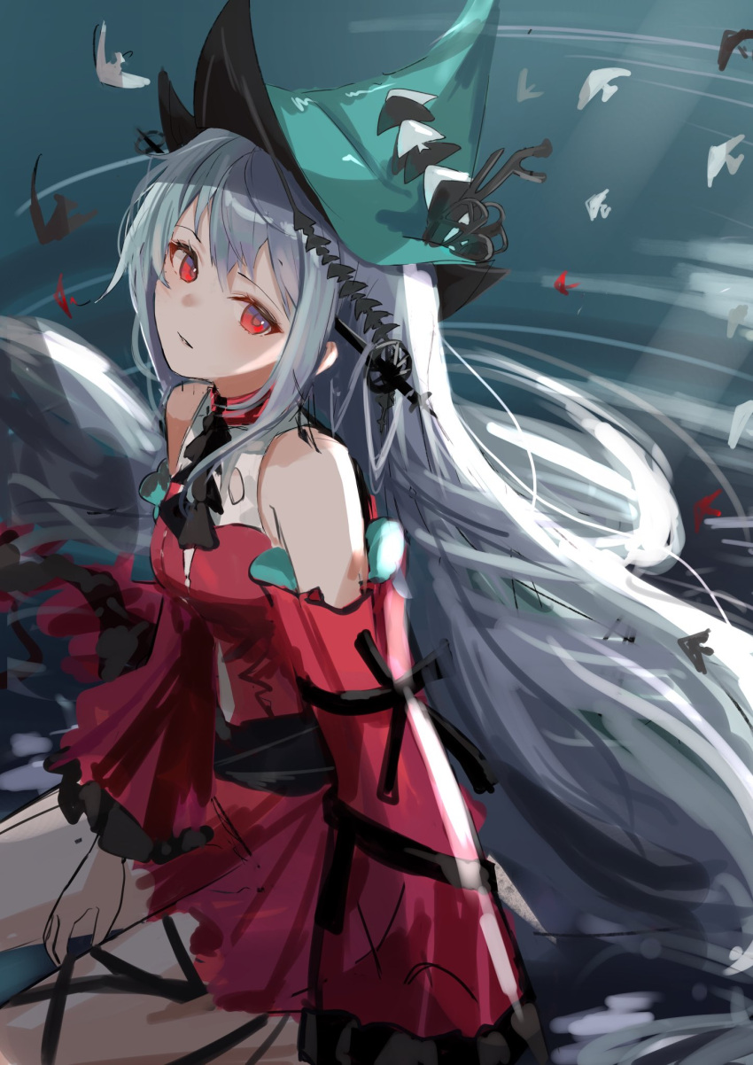 aqua_headwear arknights ascot azuazu_0405 bad_id bad_twitter_id bare_shoulders black_ascot black_ribbon breasts clothing_cutout detached_sleeves dress female grey_hair hair_between_eyes highres leg_ribbon long_hair long_sleeves looking_at_viewer navel_cutout red_dress red_eyes ribbon short_dress skadi_(arknights) skadi_the_corrupting_heart_(arknights) small_breasts solo very_long_hair wide_sleeves