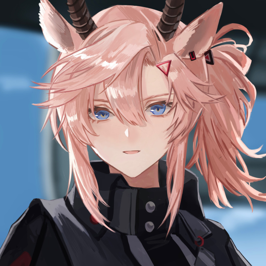 animal_ears arknights black_jacket blonde_hair blue_eyes commentary_request earthspirit_(arknights) female goat_ears goat_girl goat_horns hair_between_eyes hasegawamorito high_collar highres horns jacket looking_at_viewer parted_lips solo