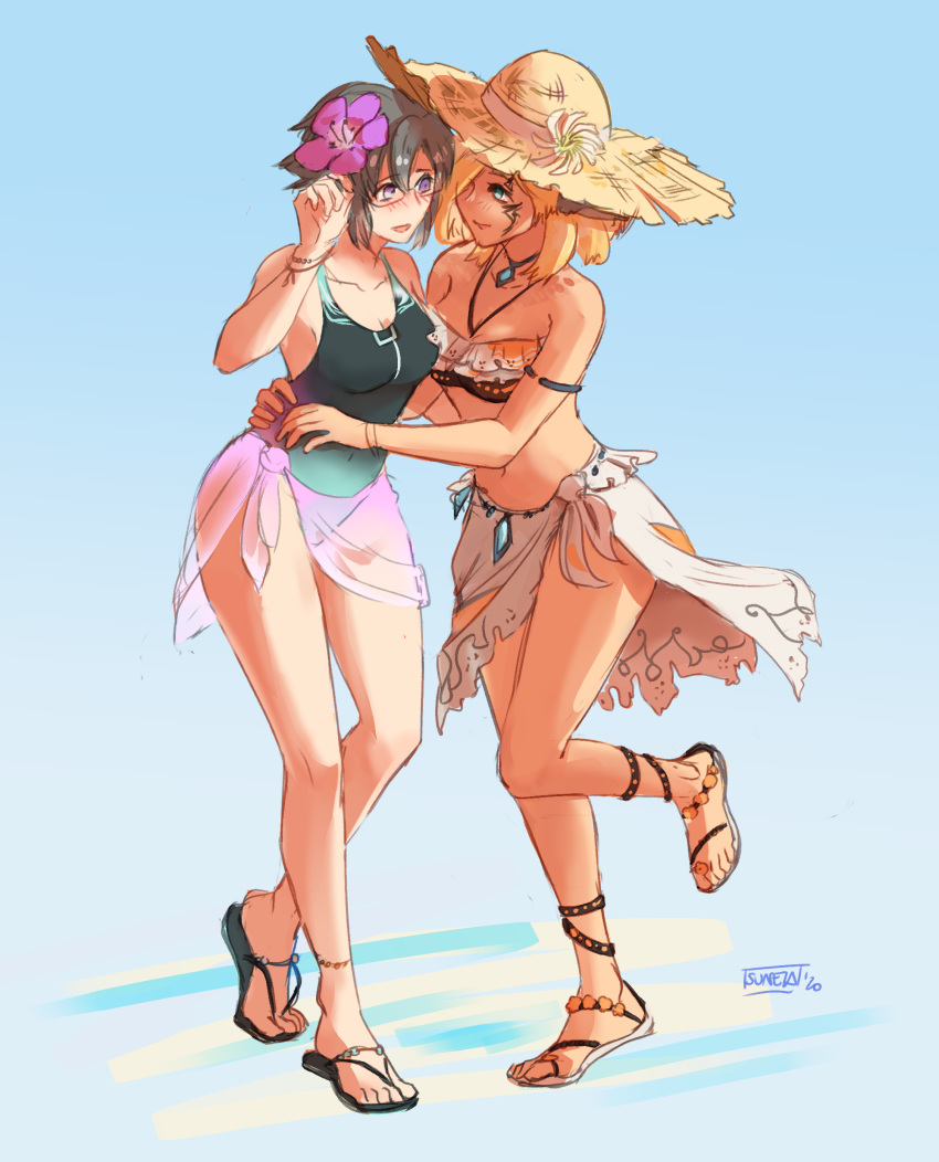 2girls absurdres bikini blush breasts celica_(xenoblade_x) couple cross_(xenoblade_x) facial_mark flower full_body glasses green_one-piece_swimsuit hair_flower hair_ornament hat highres medium_breasts multiple_girls navel one-piece_swimsuit purple_eyes sandals sarong signature sun_hat suneiaaa swimsuit xenoblade_chronicles_(series) xenoblade_chronicles_x yuri