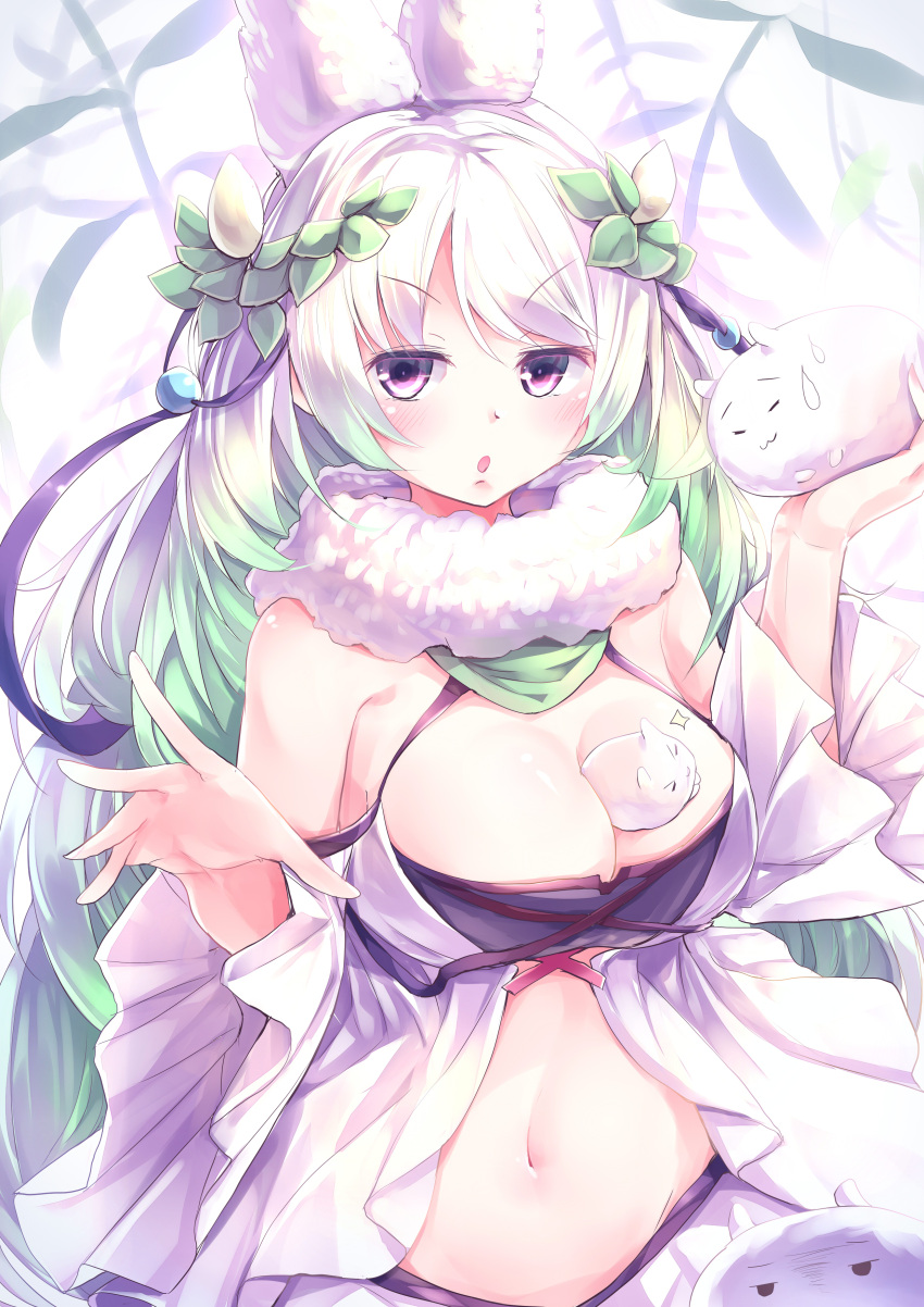 absurdres animal animal_ears asymmetrical_bangs bare_arms blush bra breasts cleavage duel_monster female flower fluffy green_hair hair_flower hair_ornament highres holding holding_animal kanzakietc large_breasts long_hair long_sleeves looking_at_viewer monster_girl multicolored_hair navel open_mouth parted_bangs plant purple_eyes raised_eyebrows scarf solo swept_bangs traptrix_cularia underwear white_hair white_scarf wide_sleeves yu-gi-oh!