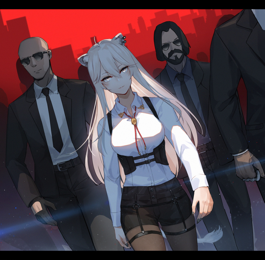 3boys absurdres agent_47 animal_ears black_pantyhose black_shorts bolo_tie breasts chest_harness collared_shirt commentary crossover dress_shirt dutch_angle ear_piercing female grey_eyes grey_hair hair_down harness highres hololive ina_(inadiary) john_wick john_wick_(character) large_breasts letterboxed light_smile lion_ears lion_girl lion_tail long_hair long_sleeves multiple_boys official_alternate_costume official_alternate_hairstyle pantyhose piercing shirt shishiro_botan shishiro_botan_(button-down) shorts solo_focus straight_hair tail underbust virtual_youtuber white_shirt