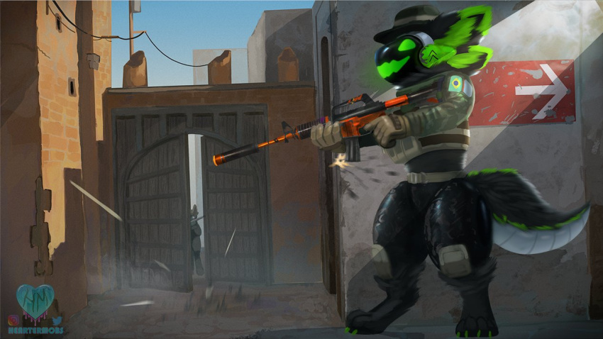 2023 anthro aspekt_(protogen) assault_rifle clothing counter-strike counter_strike:_global_offensive de_dust2 detailed_background digitigrade duo gate gloves gun handwear hat headgear headwear heartermobs machine male military protogen ranged_weapon rifle silencer standing tactical_gloves valve weapon