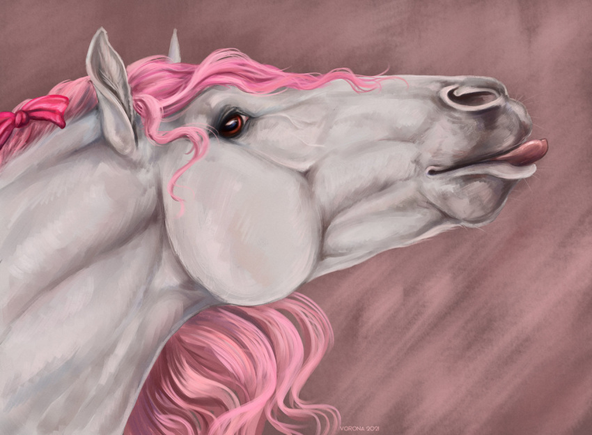 accessory ambiguous_gender bow_ribbon digital_media_(artwork) equid equine feral hair hair_accessory hair_ribbon hairbow horse looking_at_viewer mammal mane peach_(wasen) pink_hair pink_mane red_eyes ribbons simple_background solo tongue tongue_out voronasasha white_body