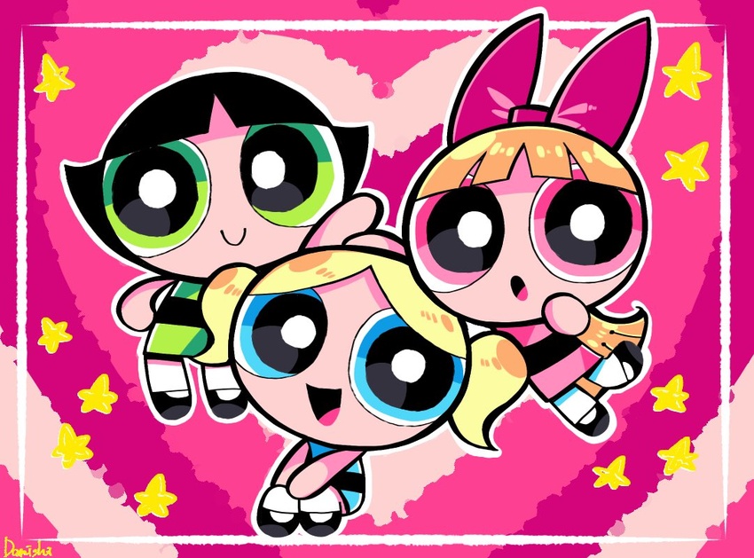 3girls :d :o black_hair blonde_hair blossom_(ppg) blue_dress blue_eyes blunt_bangs border bow bubbles_(ppg) buttercup_(ppg) chibi commentary danishi dress full_body green_dress green_eyes hairbow long_hair looking_at_viewer multiple_girls official_style open_mouth outline outside_border pantyhose pink_background pink_bow pink_dress pink_eyes powerpuff_girls shoes short_hair signature smile star_(symbol) twintails white_outline