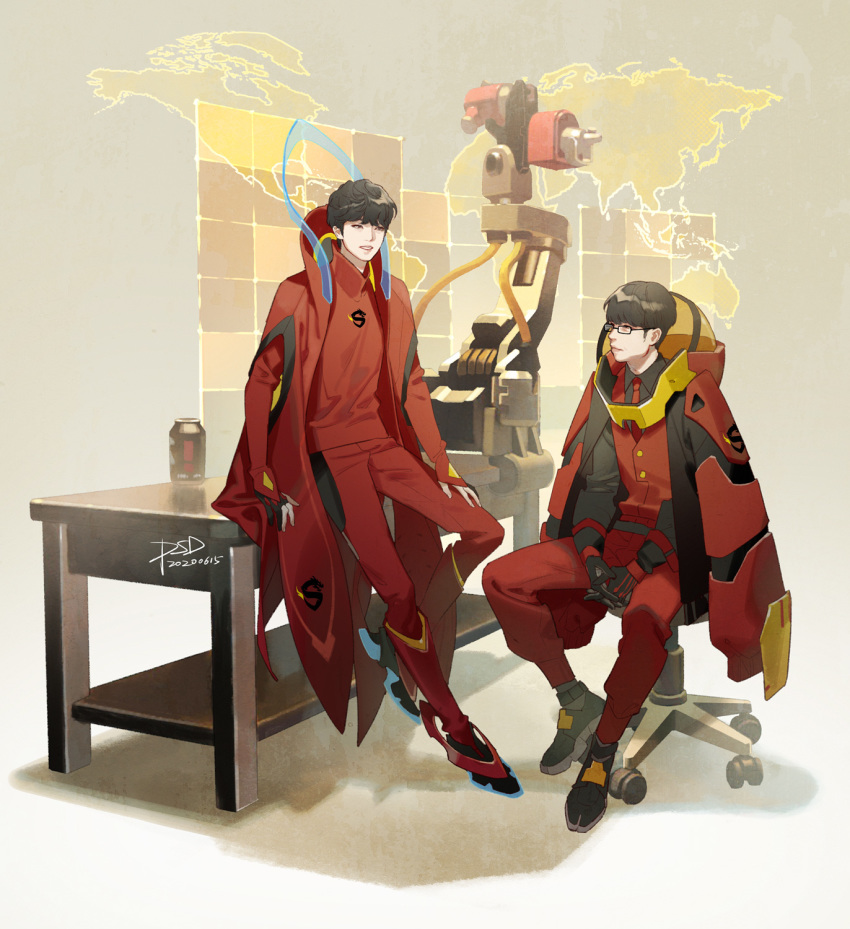 2boys chair chinese_commentary cosplay echo_(overwatch) echo_(overwatch)_(cosplay) esports esports_apparel fearless_(gamer) fleta_(gamer) full_body highres logo machinery map multiple_boys overwatch overwatch_1 overwatch_esports overwatch_league power_suit psd_(psdgai) real_life shanghai_dragons signature sitting winston_(overwatch) winston_(overwatch)_(cosplay)