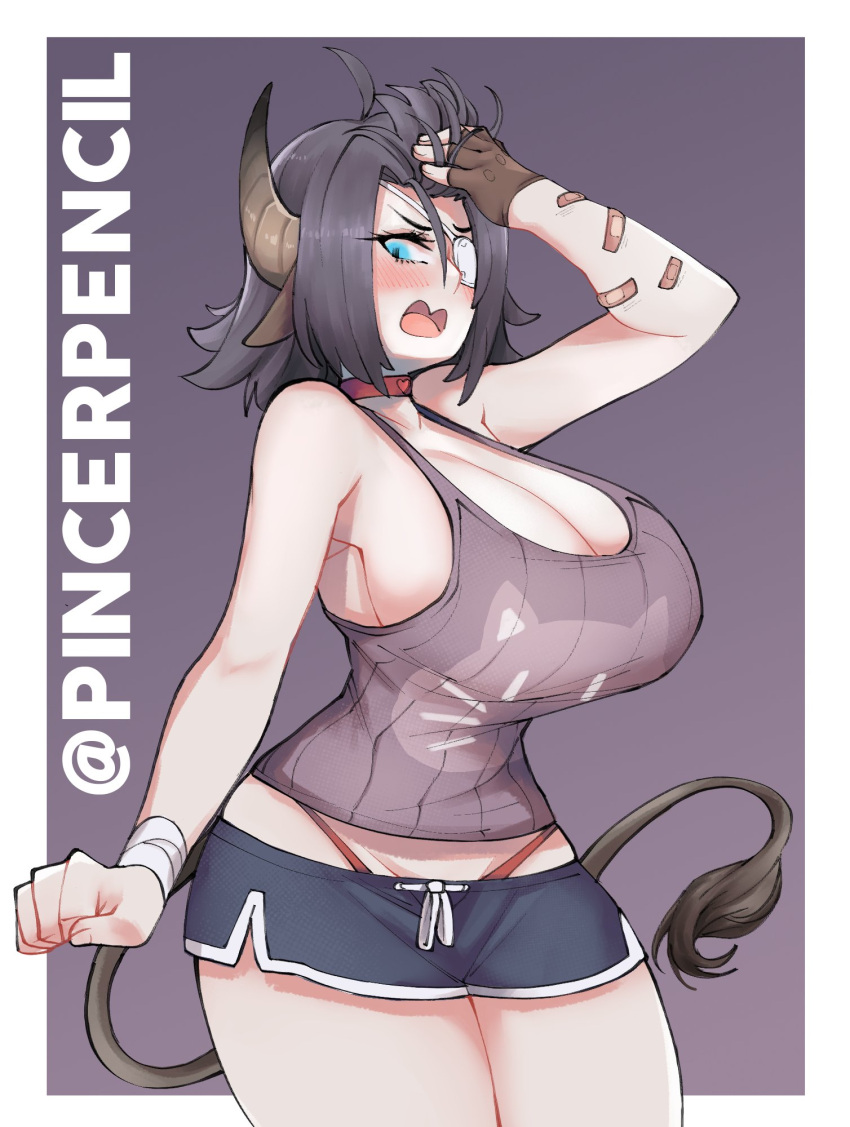 animal_humanoid big_breasts blush bottomwear bovid bovid_humanoid bovine bovine_humanoid breasts cattle_humanoid choker cleavage clothed clothing eye_patch eyewear female hi_res huge_breasts humanoid jewelry lilith_(pincerpencil) mammal mammal_humanoid necklace oni_unicorn panties shorts solo underwear