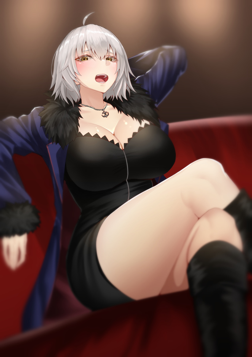 absurdres ahoge arm_behind_head blonde_hair blue_coat blush boots breasts cleavage coat commission crossed_legs fate/grand_order fate_(series) female fur-trimmed_coat fur_trim hair_between_eyes highres jeanne_d'arc_alter_(fate) jeanne_d'arc_alter_(ver._shinjuku_1999)_(fate) knee_boots large_breasts looking_at_viewer miso_tanuki necktie open_clothes open_coat short_hair sitting skeb_commission solo thighs yellow_eyes