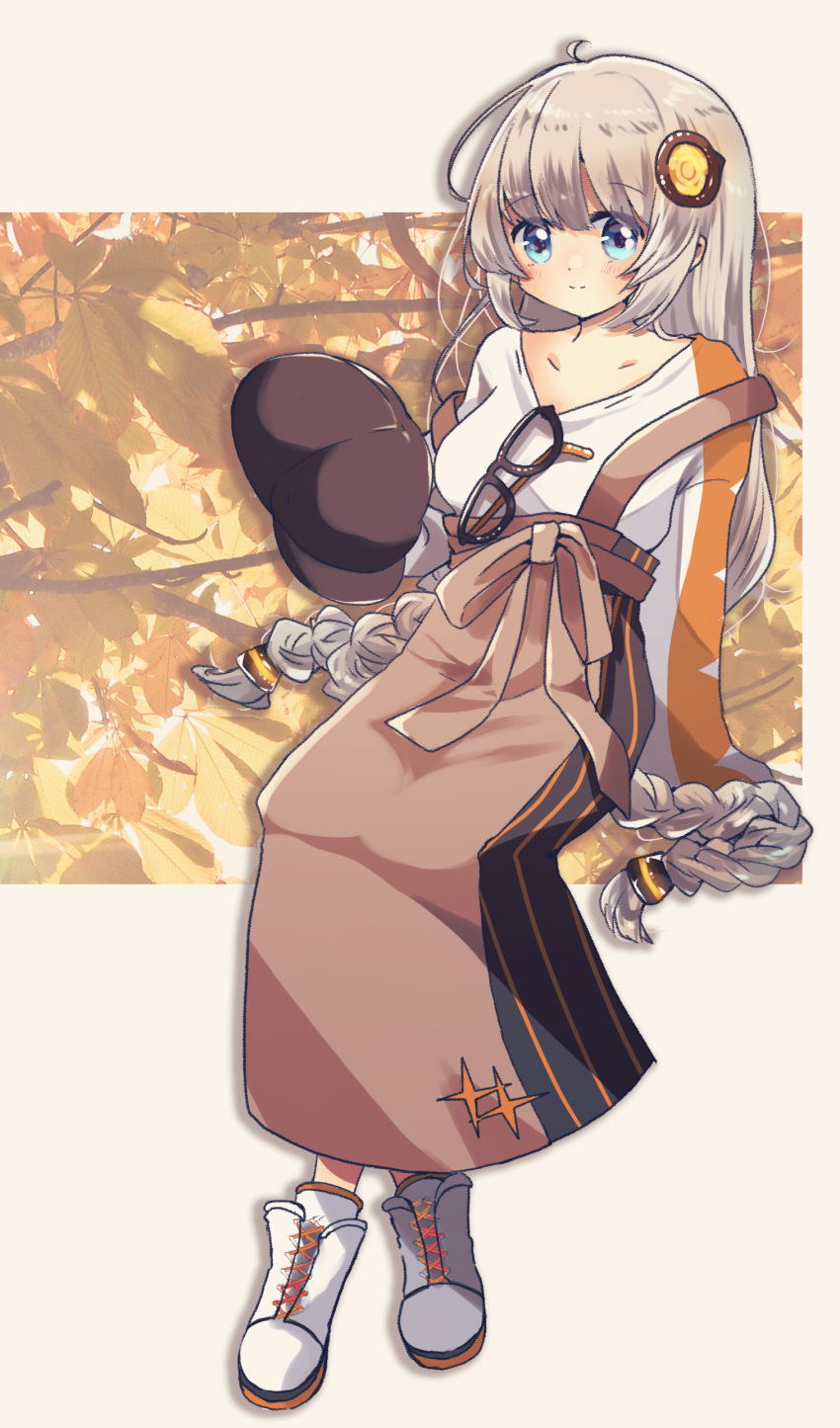 a.i._voice absurdres arm_support autumn_leaves beige_background black_hat blue_eyes braid brown_skirt cabbie_hat commentary eyewear_hang female full_body grey_hair hair_ornament hair_tubes hat high-waist_skirt highres holding holding_clothes holding_hat kizuna_akari kizuna_akari_(a.i._voice) light_smile long_hair looking_at_viewer oyasumi_makura shirt shoes sitting skirt sneakers solo suspender_skirt suspenders twin_braids unworn_eyewear unworn_hat unworn_headwear very_long_hair voiceroid white_footwear white_shirt