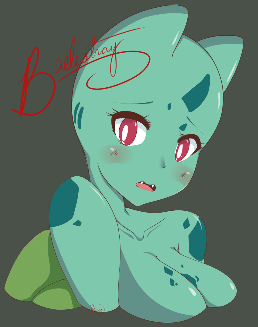 absurd_res anthro big_breasts blush breasts bulbasaur cute_fangs female generation_1_pokemon green_body green_skin hi_res humanoid humanoid_face nintendo peachcupp pokemon pokemon_(species) pokemon_humanoid pokemorph red_eyes solo