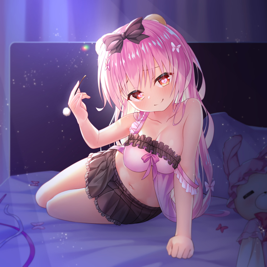 animal_ears babydoll bear_ears bed bettle_(b_s_a_n) black_bow black_skirt bow breasts cleavage clenched_hand female hairbow heart heart-shaped_pupils highres himekuma_ribon indoors looking_at_viewer midriff mimikaki navel on_bed pillow pink_hair re:act red_eyes skirt smile solo strap_slip stuffed_animal stuffed_rabbit stuffed_toy symbol-shaped_pupils virtual_youtuber