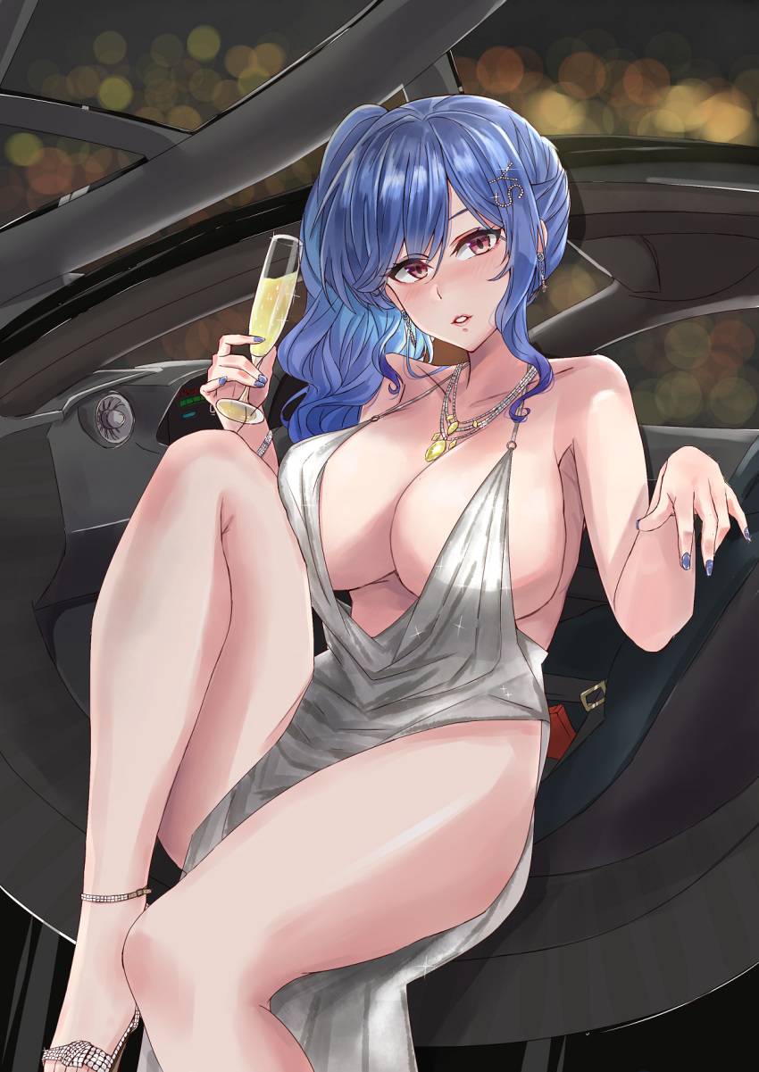 azur_lane backless_dress backless_outfit bare_shoulders blue_hair blue_nails blush bracelet breasts car car_interior champagne_flute cleavage cowl_neck cup dress drinking_glass earrings evening_gown female grey_dress hair_between_eyes hair_ornament hairclip halter_dress halterneck high_heels highres holding holding_cup jewelry large_breasts looking_at_viewer mclaren_p1 motor_vehicle nail_polish necklace official_alternate_costume parted_lips plunging_neckline revealing_clothes side_ponytail sidelocks silver_dress silver_footwear smodzz998 solo st._louis_(azur_lane) st._louis_(luxurious_wheels)_(azur_lane) thighs