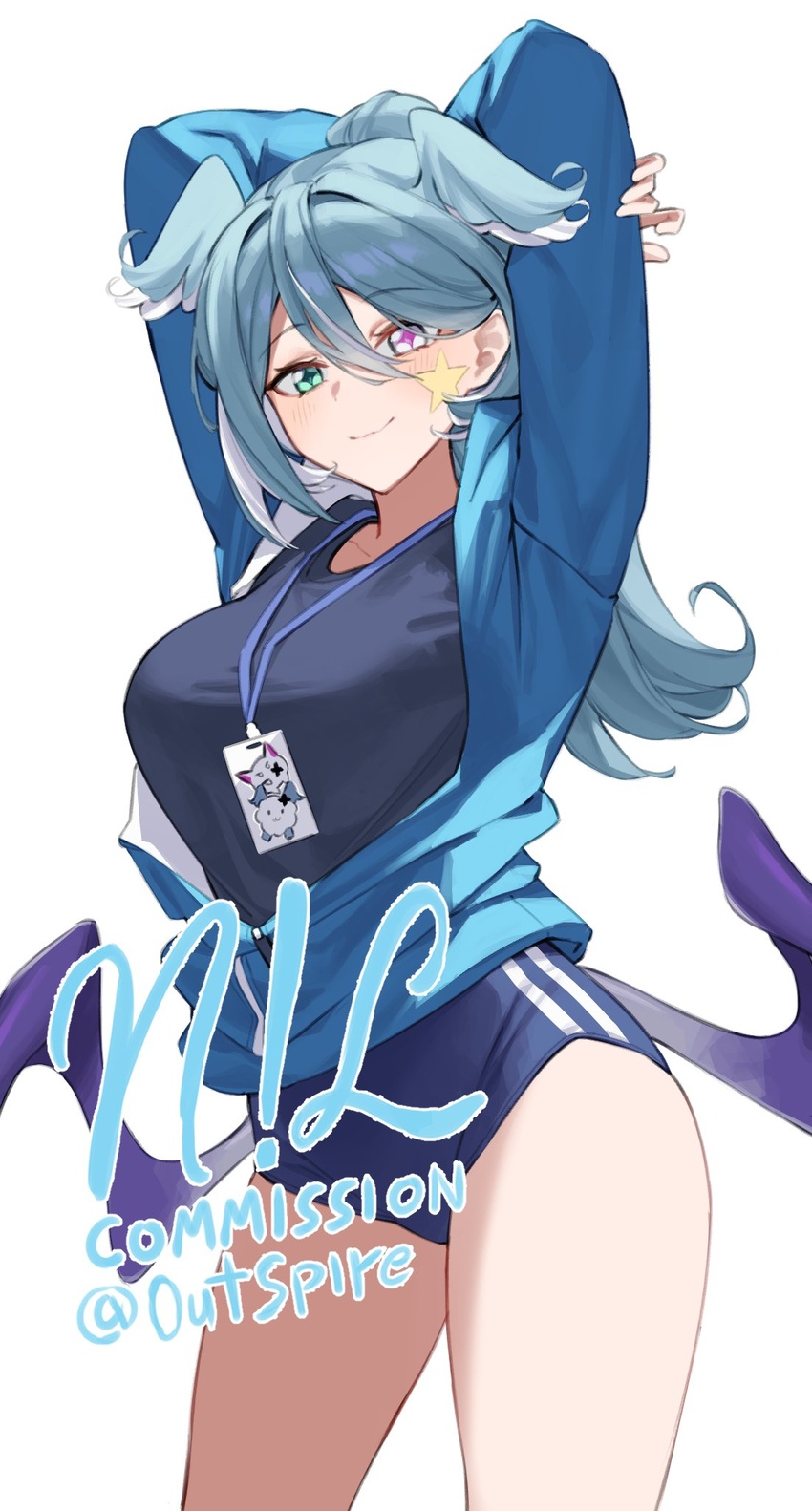 arms_behind_head arms_up black_shirt blue_buruma blue_eyes blue_hair blue_jacket blue_wings breasts buruma commentary commission cosplay cowboy_shot diamond-shaped_pupils diamond_(shape) dragon_wings elira_pendora english_commentary famelira_(elira_pendora) female gym_shirt gym_uniform hair_between_eyes head_wings heterochromia high_ponytail highres id_card jacket light_blush long_hair long_sleeves looking_at_viewer medium_breasts multicolored_hair nijisanji nijisanji_en nillith partially_unzipped pikl_(elira_pendora) puffy_long_sleeves puffy_sleeves purple_eyes shirt simple_background smile solo standing star_sticker sticker_on_face stretching symbol-shaped_pupils thighs track_jacket twitter_username virtual_youtuber white_background white_trim wings yuuka_(blue_archive) yuuka_(blue_archive)_(cosplay) yuuka_(track)_(blue_archive)