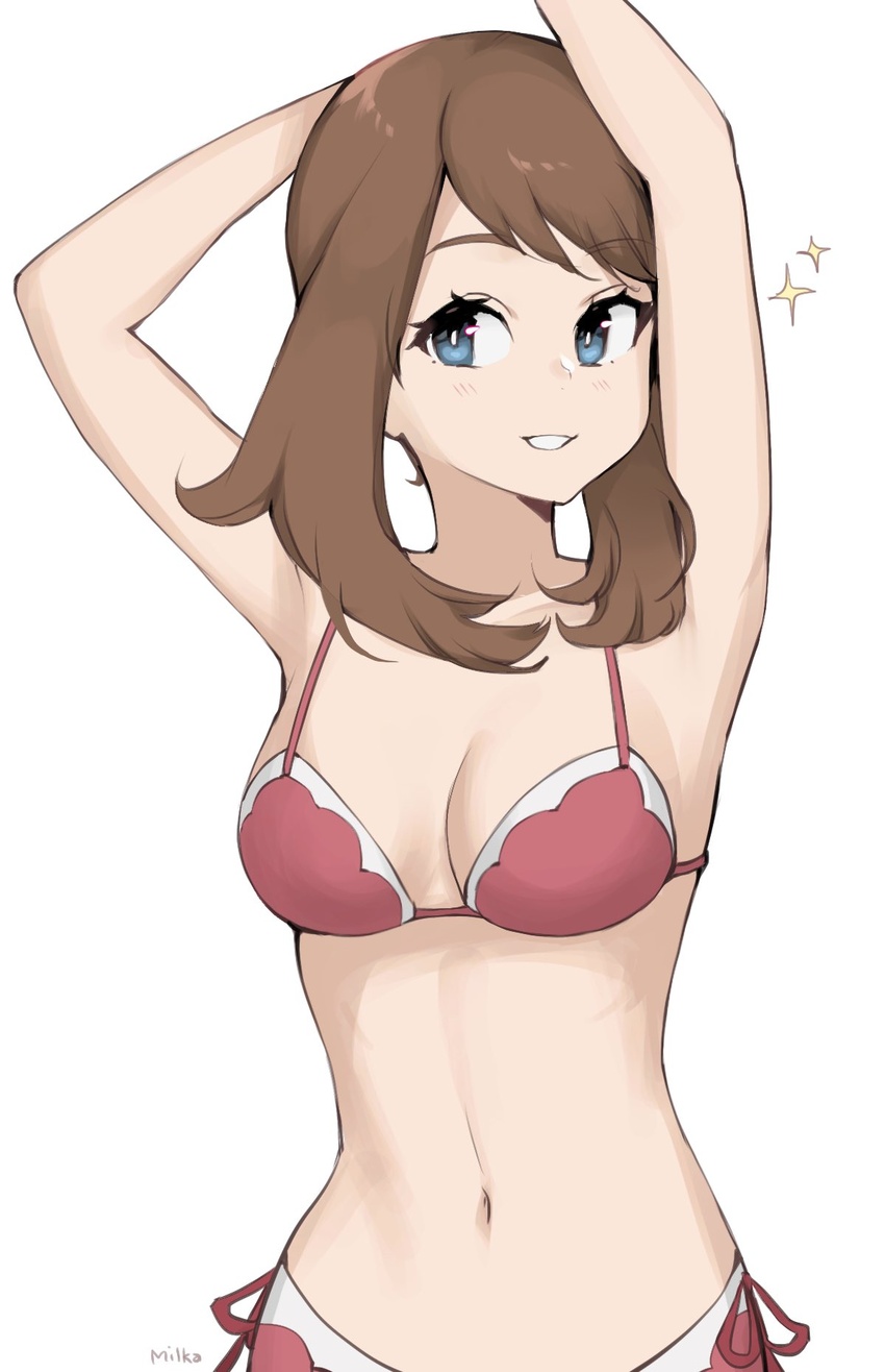 armpits arms_up artist_name bikini blue_eyes breasts brown_hair cleavage commentary english_commentary eyelashes female highres light_blush long_hair may_(pokemon) medium_breasts milka_(milk4ppl) navel parted_lips pink_bikini pokemon pokemon:_lucario_and_the_mystery_of_mew pokemon_(anime) pokemon_rse_(anime) smile solo sparkle swimsuit white_background