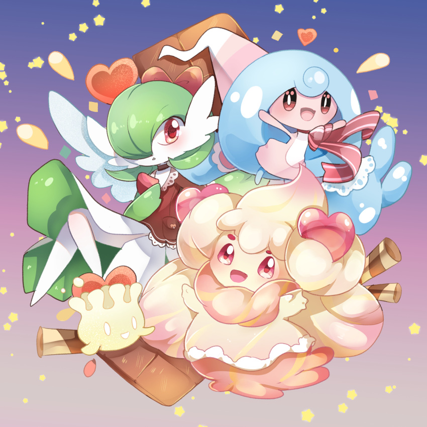 :d alcremie blush choker clothed_pokemon commentary english_commentary gardevoir hattrem highres looking_at_viewer milcery open_mouth pokemon pokemon_(creature) red_eyes ribbon smile star_(symbol) tongue yami11