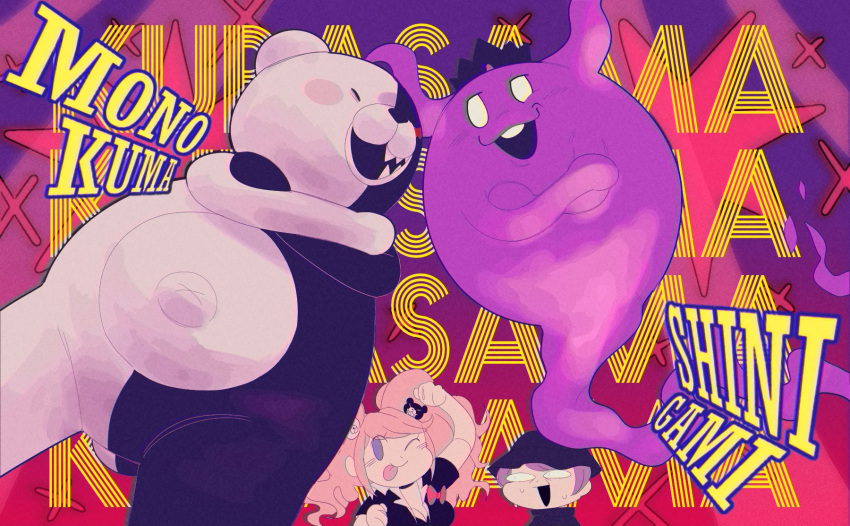 alternative_fashion angry bear bodily_fluids concern danganronpa danganronpa:_trigger_happy_havoc ghost gyaru hi_res j-fashion junko_enoshima kogal kubasama_(artist) mammal master_detective_archives:_rain_code monokuma shinigami_(ghost_form) spike_chunsoft spirit sweat tongue tongue_out ursine yuma_kokohead