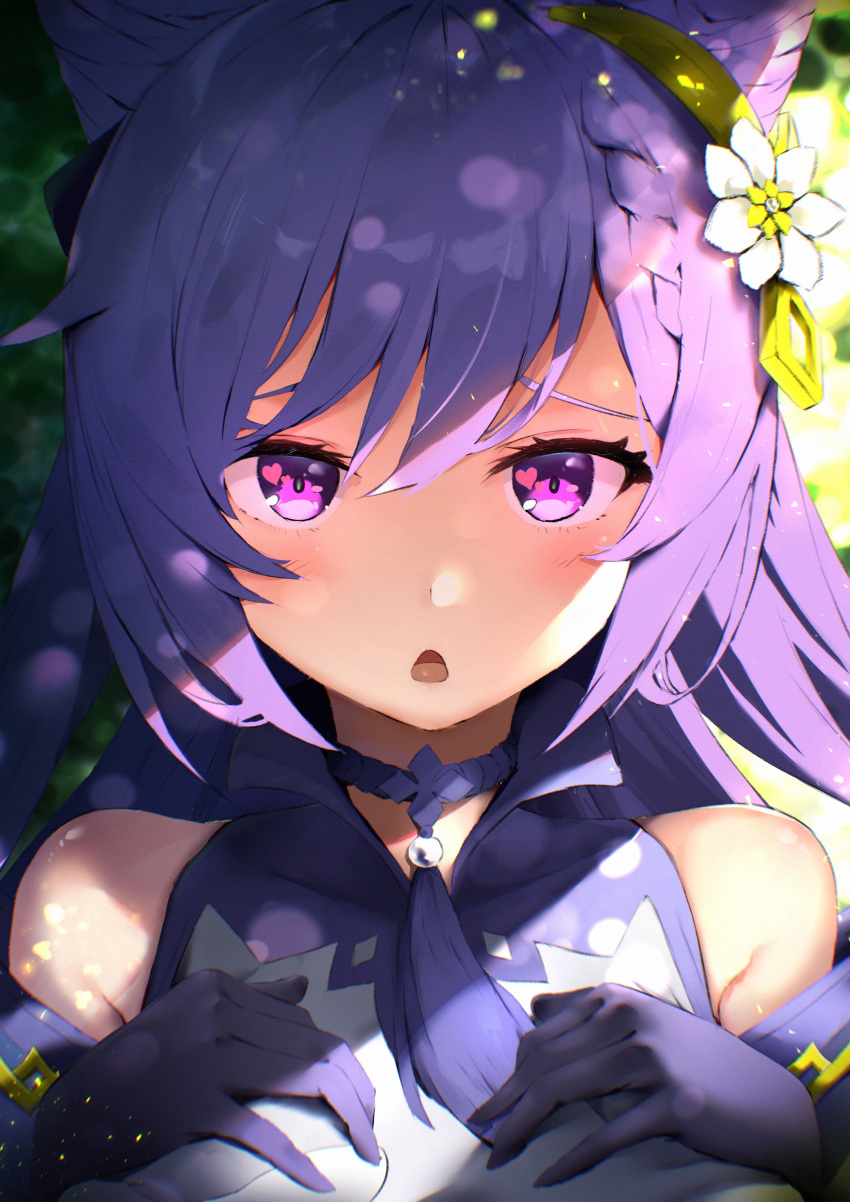 absurdres bare_shoulders blush braid commentary_request double_bun female genshin_impact gloves hair_bun hair_ornament hairclip hands_on_own_chest heart heart-shaped_pupils highres honehone_(xsnk8483) keqing_(genshin_impact) looking_at_viewer open_mouth purple_eyes purple_hair solo sparkling_eyes symbol-shaped_pupils twintails