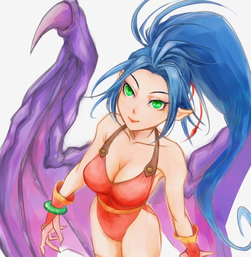 bare_shoulders blue_hair breasts breath_of_fire breath_of_fire_ii cleavage closed_mouth dragon_girl dragon_wings female green_eyes hair_ribbon leotard lips long_hair maikawa monster_girl patty_the_phantom_thief pointy_ears ponytail ribbon simple_background solo white_background wings