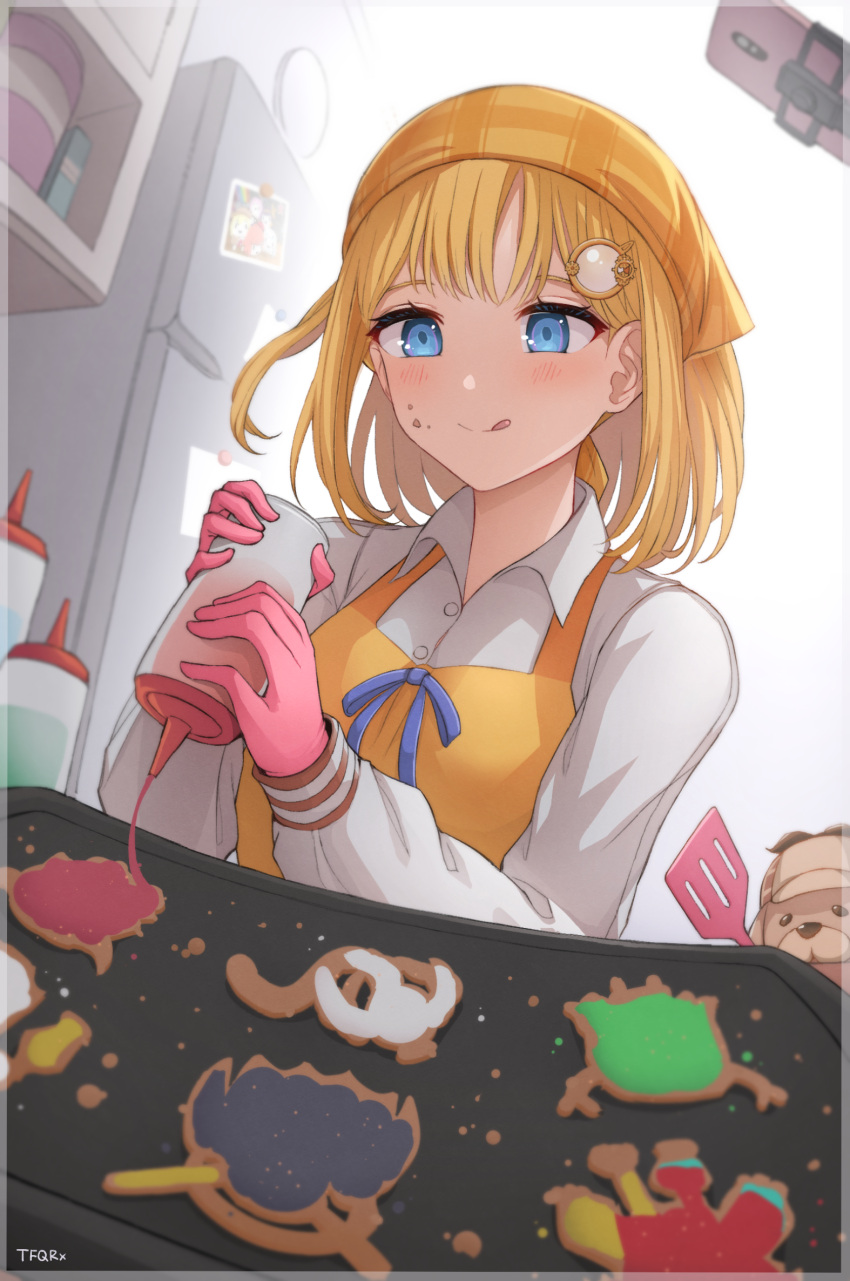 :q apron artist_name baking_sheet blonde_hair blue_eyes blue_ribbon blush bottle bubba_(watson_amelia) canine cellphone collared_shirt cookie decorating female food food_on_face gawr_gura gear_hair_ornament gloves hair_ornament highres holding holding_bottle hololive hololive_english icing kitchen long_sleeves monocle_hair_ornament mori_calliope ninomae_ina'nis phone photo_(object) pink_gloves refrigerator ribbon shirt short_hair smartphone smile smol_ame solo spatula squeeze_bottle takanashi_kiara tfqr tongue tongue_out virtual_youtuber watson_amelia white_shirt yellow_apron