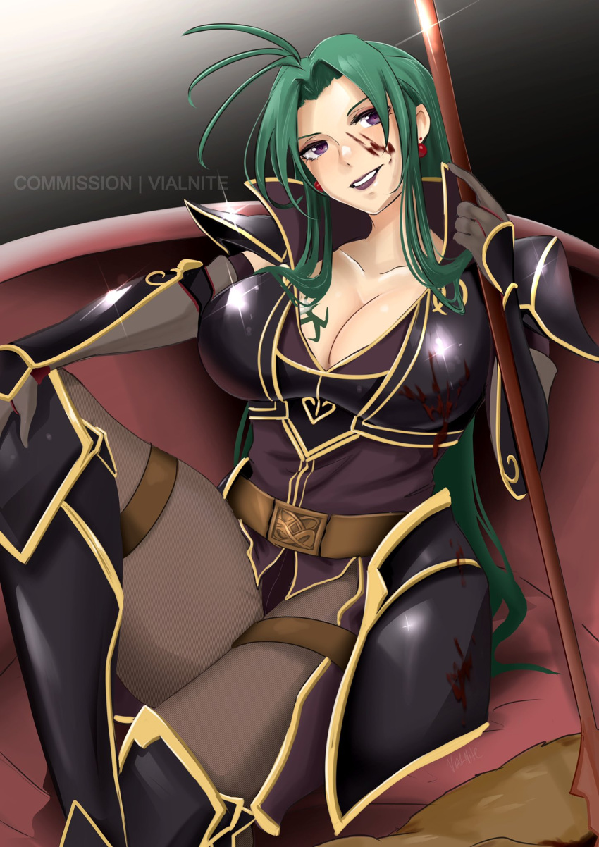 armor black_armor black_gloves blood blood_on_face boots breast_tattoo breasts cleavage earrings female fire_emblem fire_emblem:_path_of_radiance full_body gloves green_hair highres holding holding_polearm holding_weapon jewelry large_breasts lipstick long_hair looking_at_viewer makeup open_mouth petrine_(fire_emblem) plunging_neckline polearm purple_eyes sitting solo spear tattoo vialnite weapon