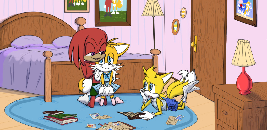 anthro bottomwear boxers_(clothing) canid canine clothed clothing crossdressing echidna family father_(lore) footwear fox group hi_res husband kitsune2000 knuckles_the_echidna legwear male male/male mammal monotreme pajamas parent_(lore) sailor sega shorts skirt skye_prower sleepwear socks son_(lore) sonic_the_hedgehog_(series) stockings tails underwear uniform wife