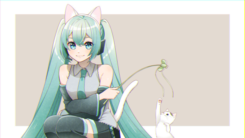 :3 absurdres animal_ears aqua_eyes aqua_hair aqua_necktie bare_shoulders beige_background black_skirt black_sleeves black_thighhighs cat_ears cat_tail cat_teaser commentary crossed_arms detached_sleeves feline female grey_shirt hair_ornament hairband hatsune_miku headphones headset highres holding holding_toy long_hair looking_at_viewer masumofu necktie paw_up shirt skirt sleeveless sleeveless_shirt smile solo squatting tail thighhighs toy twintails very_long_hair vocaloid white_cat white_tail zettai_ryouiki