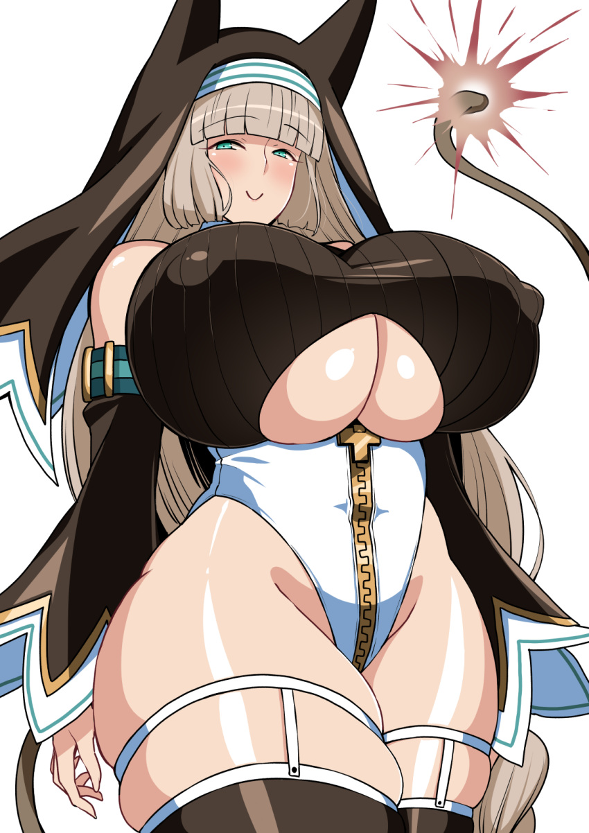 aqua_eyes bombergirl breasts brown_hair brown_thighhighs commentary_request covered_nipples curvy female fuse habit highres huge_breasts komusou_(jinrikisha) lit_fuse long_hair looking_at_viewer nun sepia_belmont simple_background skindentation smile solo thick_thighs thighhighs thighs underboob white_background zipper