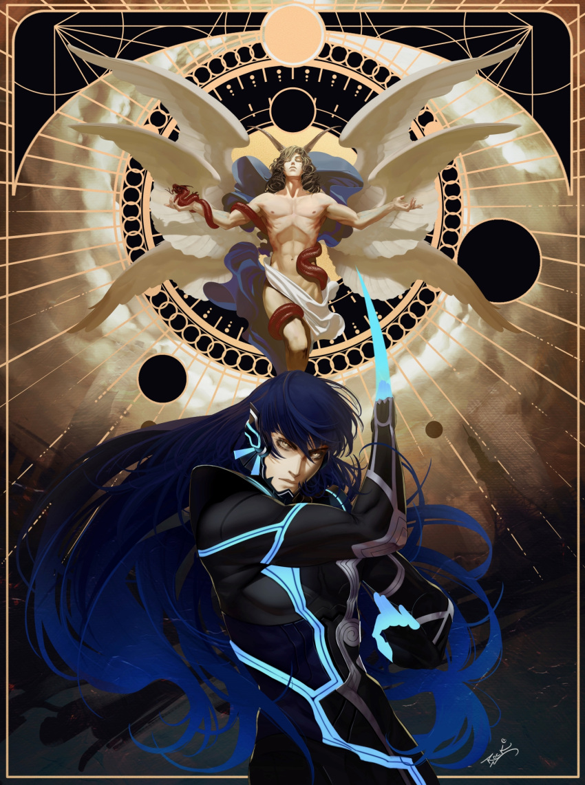 2boys abs angel angel_wings armor blonde_hair blue_hair closed_eyes closed_mouth demon_horns facing_viewer feathered_wings hair_between_eyes helel_(megami_tensei) highres horns long_hair looking_up lucifer_(megami_tensei) male_focus multiple_boys multiple_wings muscular muscular_male nipples nude protagonist_(smtv) rock_cr samael_(megami_tensei) seraph shawl shin_megami_tensei shin_megami_tensei_ii shin_megami_tensei_v signature snake topless_male very_long_hair white_shawl wings yellow_eyes