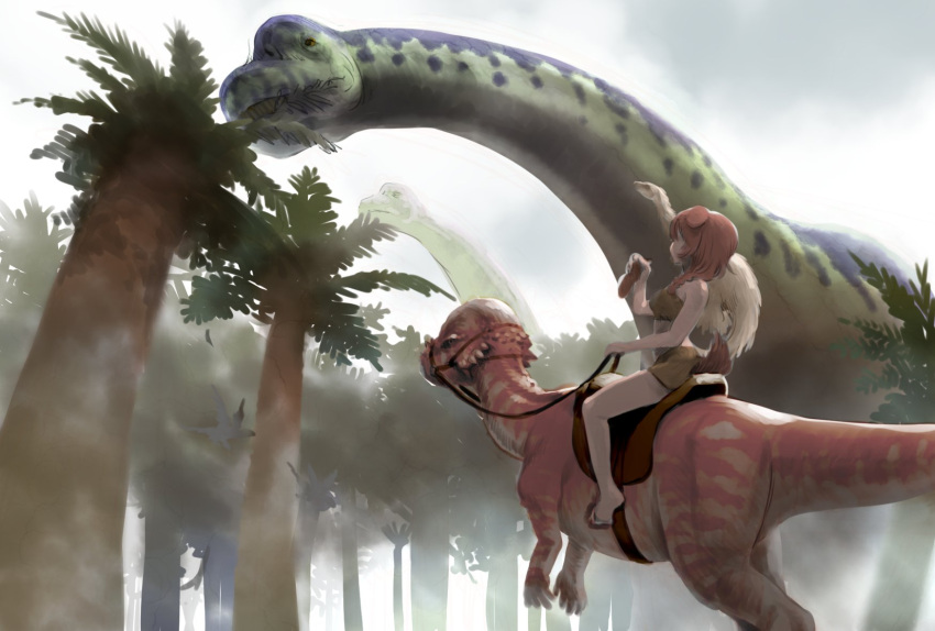 animal_ears ark_survival_evolved bare_legs barefoot brachiosaurus braid brown_hair dinosaur dog_ears dog_tail female from_side highres holding hololive inugami_korone outdoors pachycephalosaurus palm_tree prehistoric_animal riding sabaku_chitai saddle sauropod skirt solo tail tree tribal virtual_youtuber white_background wings yellow_skirt