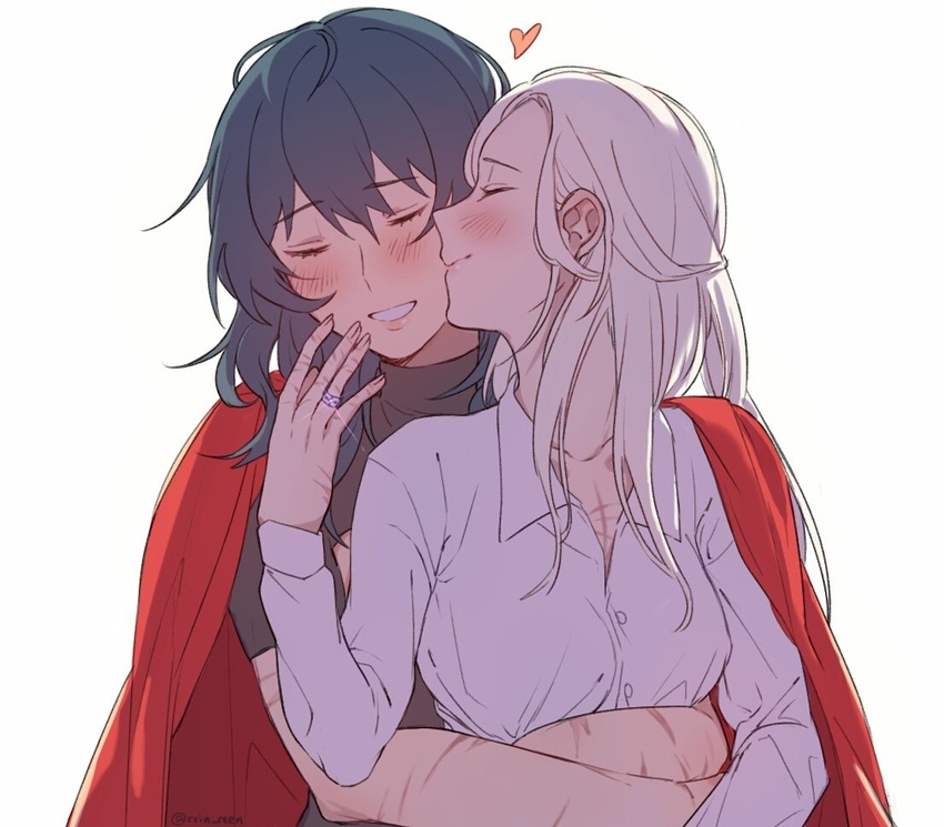 2girls blue_hair blush byleth_(female)_(fire_emblem) byleth_(fire_emblem) closed_eyes closed_mouth edelgard_von_hresvelg english_commentary fire_emblem fire_emblem:_three_houses heart hug hug_from_behind jewelry multiple_girls parted_lips ring scar simple_background teeth wedding_ring white_background white_hair wife_and_wife yukari_(bryleluansing) yuri