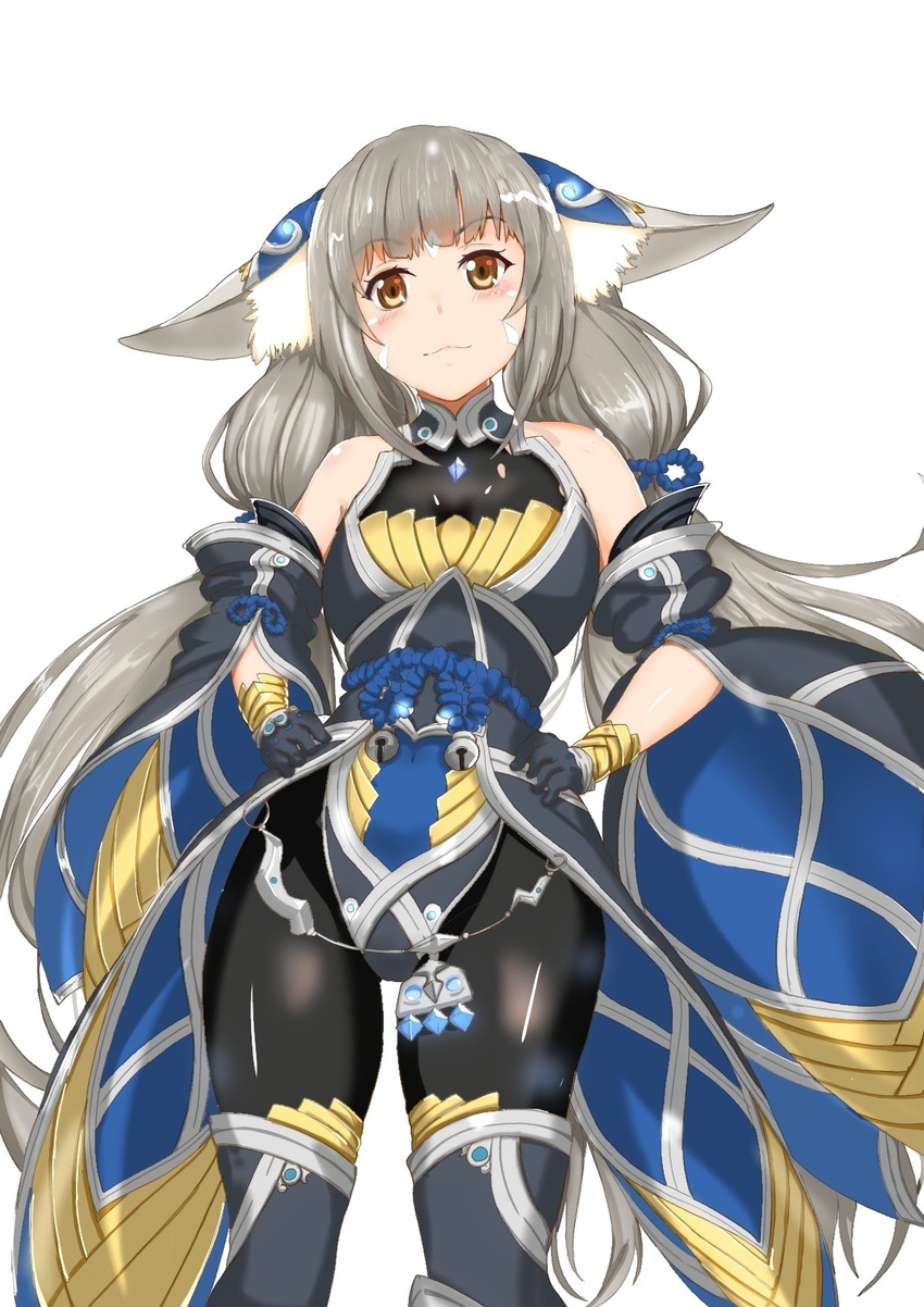 animal_ears breasts chest_jewel cleavage detached_sleeves facial_mark female grey_hair highleg highleg_leotard highres jksfs leotard long_hair low_twintails nia_(blade)_(xenoblade) nia_(xenoblade) pantyhose small_breasts solo thighhighs tights_day twintails very_long_hair xenoblade_chronicles_(series) xenoblade_chronicles_2 yellow_eyes