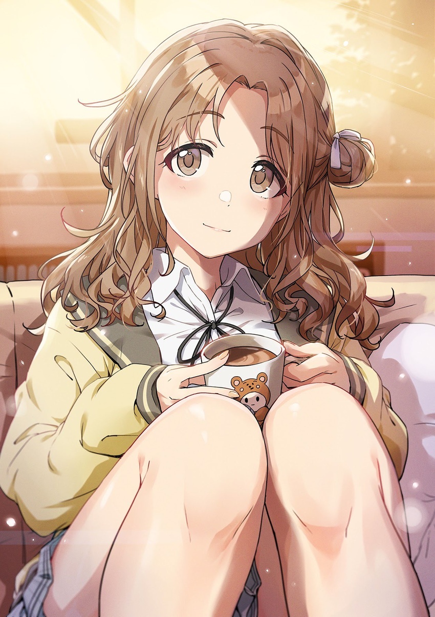 animal_print ayano_yuu_(sonma_1426) bear_print black_ribbon brown_eyes brown_hair cardigan closed_mouth coffee coffee_mug commentary cup dress_shirt female grey_skirt hair_bun hair_ribbon highres holding ichikawa_hinana idolmaster idolmaster_shiny_colors indoors light_particles long_hair long_sleeves looking_at_viewer miniskirt mug neck_ribbon open_cardigan open_clothes parted_bangs plaid plaid_skirt pleated_skirt ribbon school_uniform shirt single_hair_bun single_side_bun sitting skirt sleeves_past_wrists smile solo sunlight white_ribbon white_shirt wing_collar yellow_cardigan