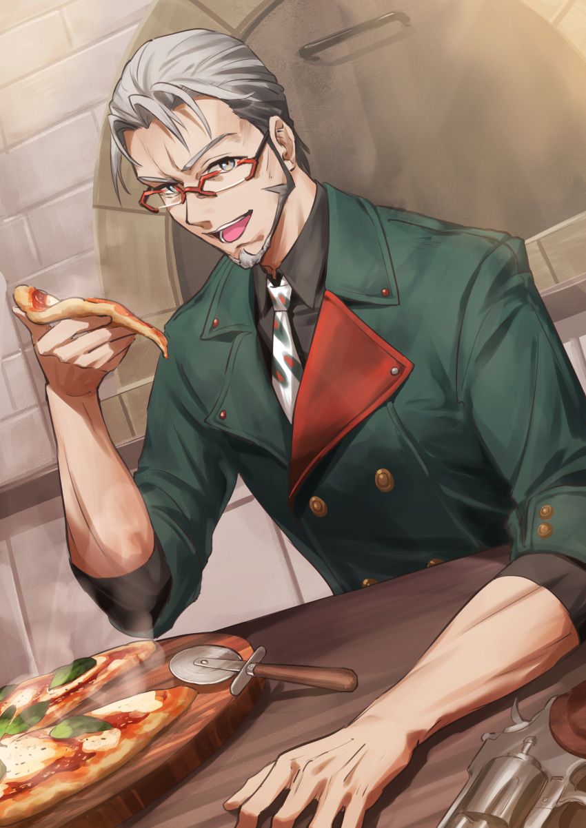 1boy absurdres arurandeisu beard black_shirt collared_shirt facial_hair food glasses green_jacket grey_eyes grey_hair gun hair_behind_ear handgun highres holding holding_food holding_pizza holostars jacket male_focus margherita_pizza mature_male necktie nemoto_yuuma open_mouth pizza pizza_cutter revolver shirt sitting solo virtual_youtuber weapon white_necktie