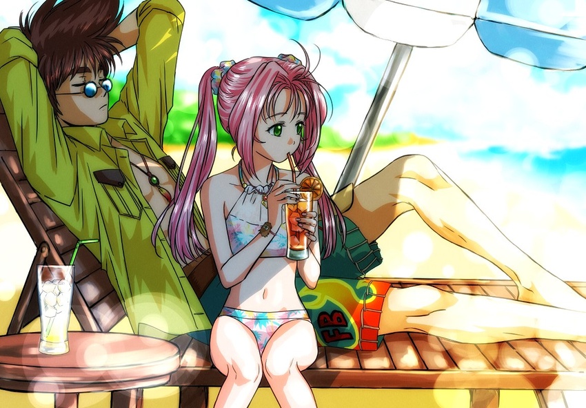 1boy akira_ituki arms_behind_back beach bikini blue-tinted_eyewear blurry blurry_background collared_shirt day dress_shirt drinking drinking_straw female floating_hair hair_ornament hair_scrunchie lens_flare long_hair macross macross_7 male_swimwear mylene_jenius nekki_basara open_clothes open_shirt outdoors parasol pink_hair print_bikini scrunchie shirt sitting sunglasses swimsuit tinted_eyewear twintails umbrella very_long_hair white_bikini wing_collar yellow_shirt