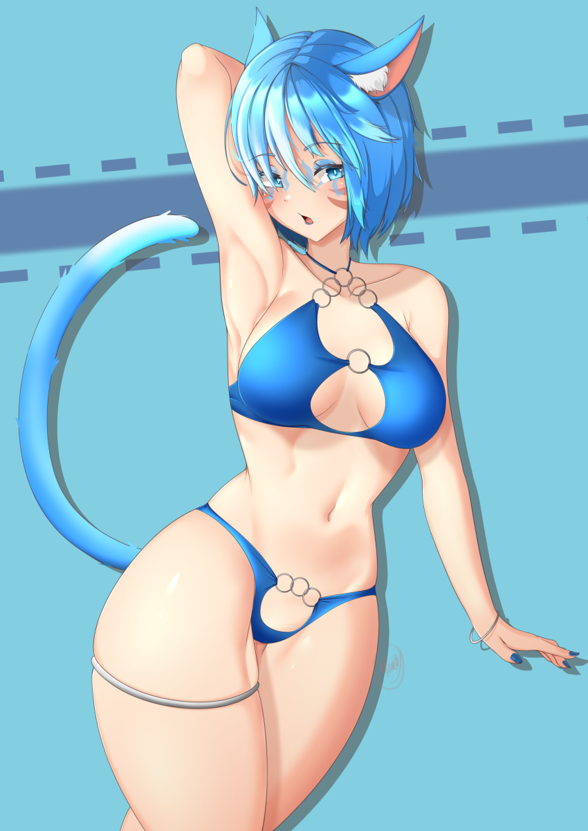 absurd_res animal_humanoid bikini blue_eyes blue_hair breasts cat_humanoid clothed clothing felid felid_humanoid feline feline_humanoid female hair hi_res humanoid mammal mammal_humanoid peachcupp pose solo swimwear wide_hips