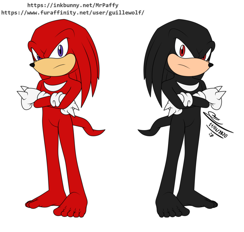 2020 5_toes anthro crossed_arms duo echidna feet guillewolf humanoid_feet knuckles_the_echidna male mammal mirrored mirrored_pose monotreme plantigrade pose sega sonic_the_hedgehog_(series) spectre_the_echidna symmetry text toes url