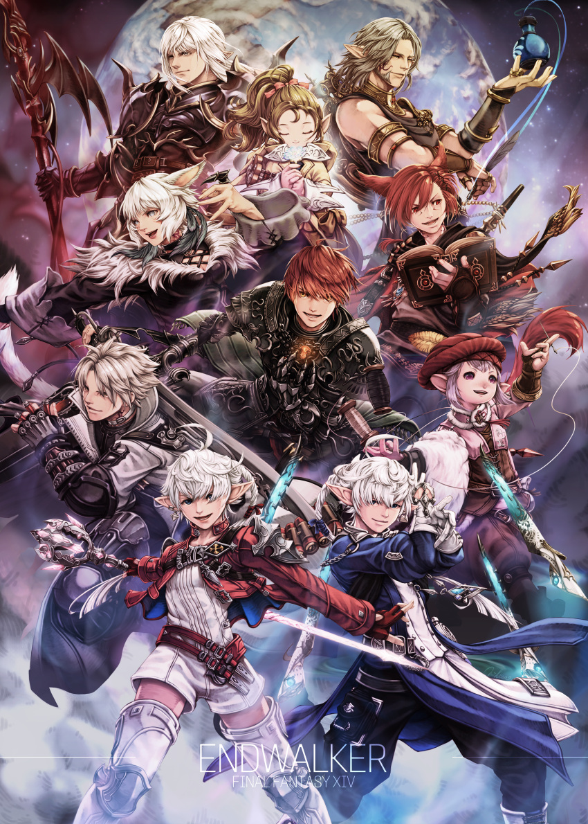 4girls 6+boys absurdres alisaie_leveilleur alphinaud_leveilleur animal_ears armor armored_boots book boots breastplate cat_ears closed_eyes closed_mouth coat copyright_name dark_knight_(final_fantasy) dragoon_(final_fantasy) elezen elf estinien_varlineau fighting_stance final_fantasy final_fantasy_xiv fingerless_gloves floating floating_object floating_weapon flower g'raha_tia gauntlets gloves grey_hair gunbreaker_(final_fantasy) hair_over_one_eye hat hat_feather highres holding holding_needle holding_weapon hyur ink ink_bottle jacket krile_mayer_baldesion_(ff14) lalafell lips long_hair long_sleeves looking_afar looking_at_viewer mihira_(tainosugatayaki) miqo'te multiple_boys multiple_girls needle open_mouth pants planet pointy_ears polearm purple_hair red_hair red_mage_(final_fantasy) romper sage_(final_fantasy) sewing_needle short_hair sleeveless smile standing tataru_taru thancred_waters thigh_boots thighhighs thread title urianger_augurelt warrior_of_light_(ff14) weapon white_hair white_romper y'shtola_rhul