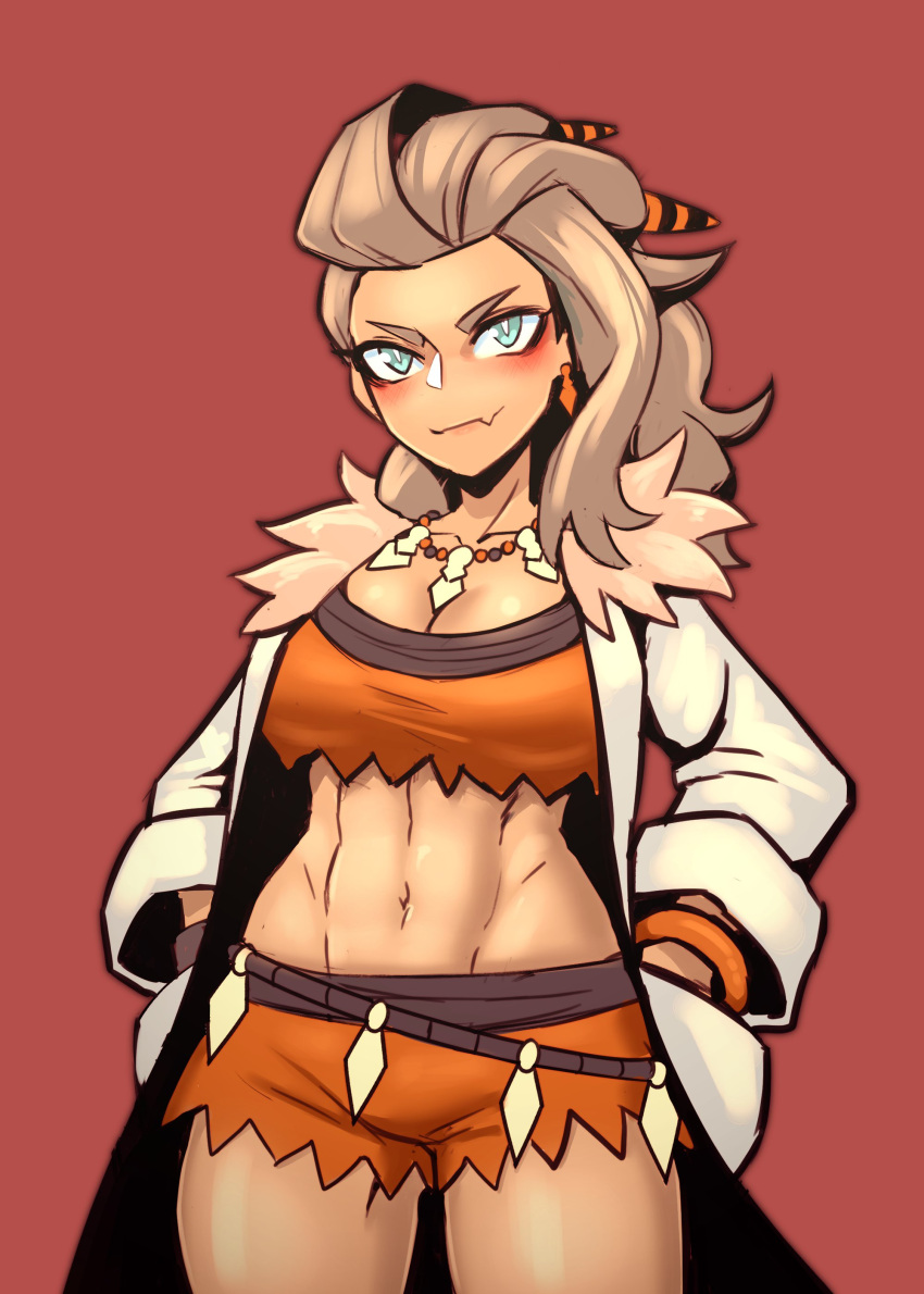 abs absurdres blue_eyes breasts coat commentary cowboy_shot crop_top earrings english_commentary fang_out female frenchthenhen fur_collar hair_slicked_back hand_in_pocket highres jewelry lab_coat large_breasts light_brown_hair long_hair looking_at_viewer midriff navel necklace oerba_yun_fang open_clothes open_coat orange_shorts pokemon pokemon_sv red_background sada_(pokemon) short_shorts shorts simple_background skin_fang smile smirk solo v-shaped_eyebrows white_coat