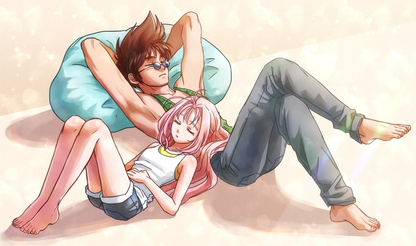 1boy akira_ituki armpits arms_behind_head barefoot blue-tinted_eyewear blue_shorts brown_hair closed_eyes couple female full_body green_tank_top grey_pants hand_on_own_stomach long_hair lying macross macross_7 mylene_jenius nekki_basara on_back pants pink_hair round_eyewear shirt short_shorts shorts sleeping sleeveless sleeveless_shirt straight sunglasses tank_top tinted_eyewear very_long_hair white_background white_shirt