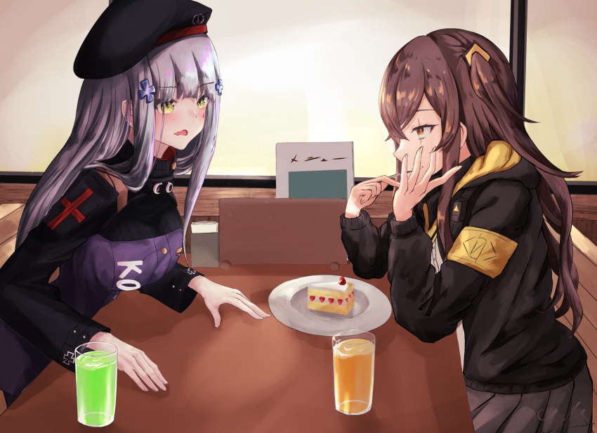 2girls armband beret black_jacket black_skirt brown_hair cake cake_slice chair cup drink drinking_glass eating food fork girls'_frontline green_eyes grey_hair hair_ornament hand_on_own_face hat highres hk416_(girls'_frontline) jacket long_hair military_jacket multiple_girls one_side_up plate scar scar_across_eye skirt table teardrop_facial_mark teardrop_tattoo ump45_(girls'_frontline) x_hair_ornament yellow_armband yellow_eyes yoshi-j