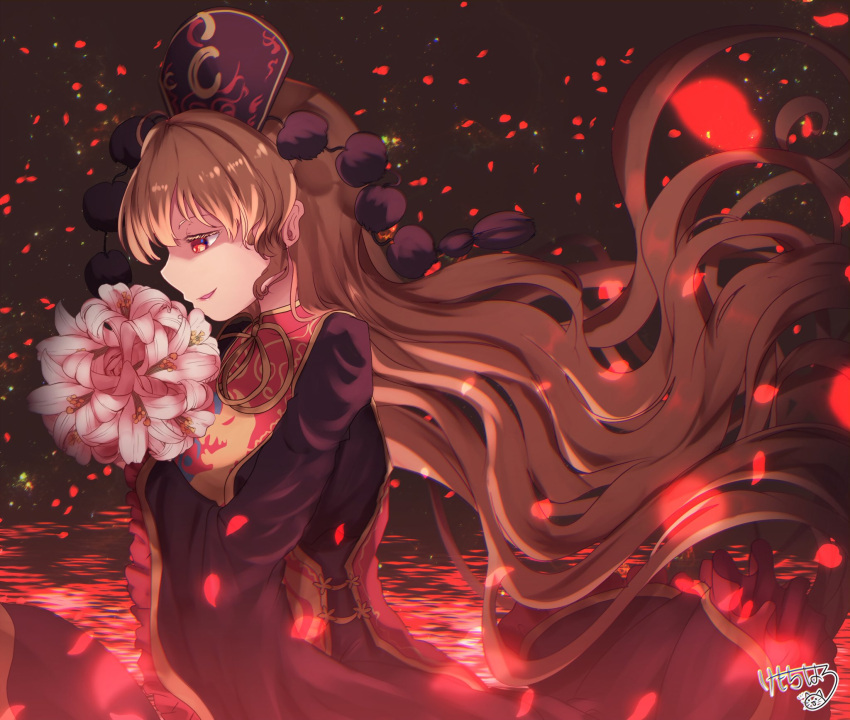 black_dress blonde_hair chinese_clothes commentary_request crescent dress falling_petals female flower frilled_sleeves frills half-closed_eyes highres holding holding_flower junko_(touhou) kemo_chiharu lily_(flower) long_hair long_sleeves neck_ribbon orange_hair parted_lips petals phoenix_crown pom_pom_(clothes) red_eyes red_tabard ribbon signature solo tabard touhou very_long_hair wide_sleeves yellow_ribbon