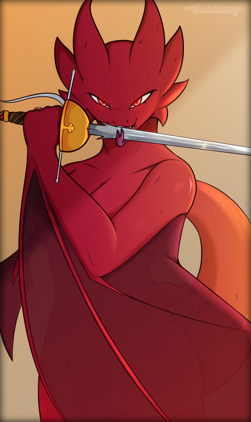 absurd_res anthro breasts dragon female forked_tongue hi_res horn licking_sword looking_at_viewer melee_weapon mythological_creature mythological_scalie mythology navel novah_ikaro red_body red_eyes red_scales ring scales scalie shaded solo sword tail tongue viscera_maderi_(character) weapon winged_arms wings