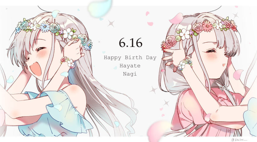 2girls banirou blush bow braid braided_bangs brown_eyes closed_eyes detached_sleeves falling_petals flower grey_hair hairbow happy_birthday highres hisakawa_hayate hisakawa_nagi idolmaster idolmaster_cinderella_girls idolmaster_cinderella_girls_starlight_stage long_hair low_twintails multiple_girls open_mouth petals siblings sisters smile twins twintails very_long_hair