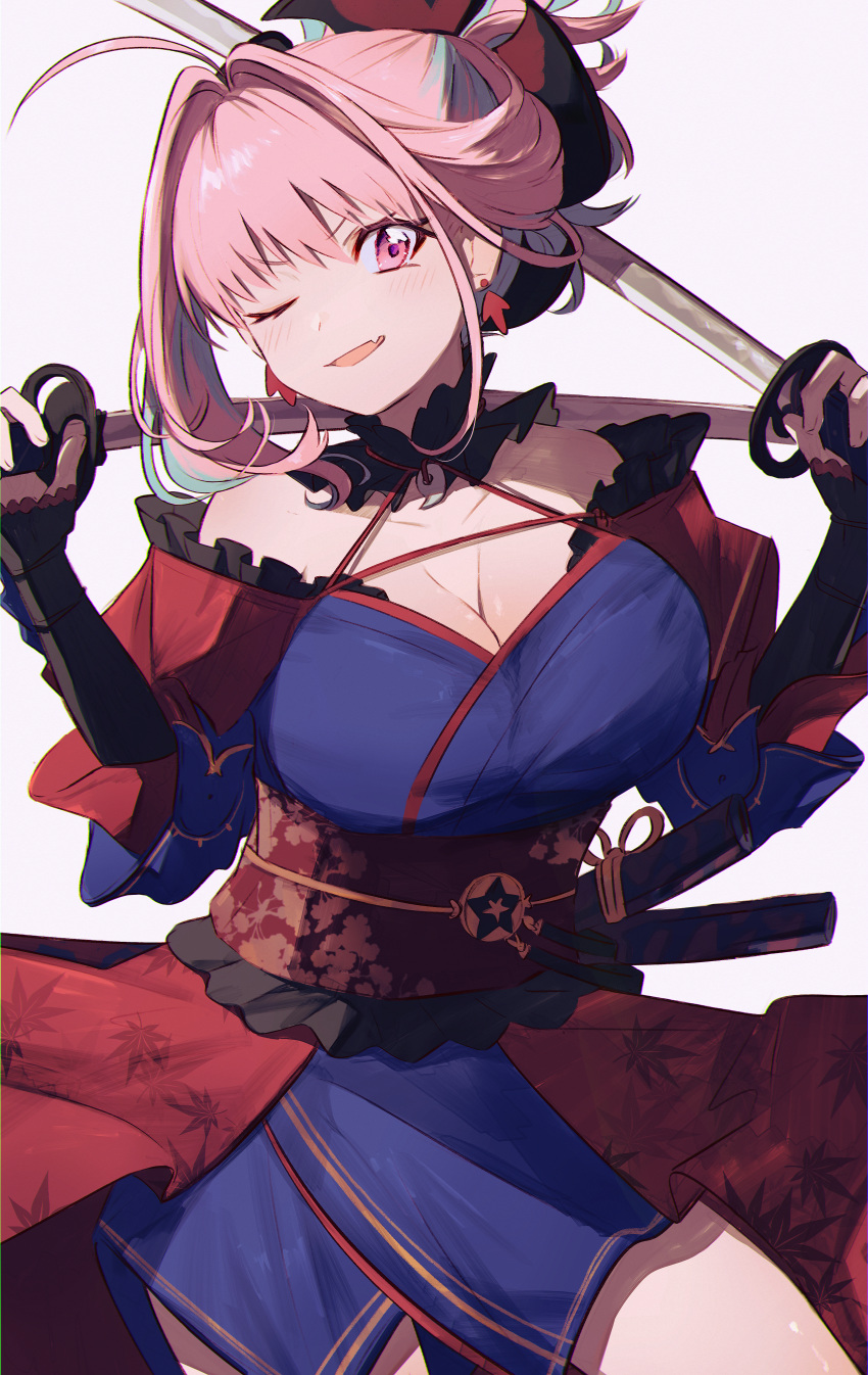 absurdres blue_kimono breasts cleavage commentary_request cosplay earrings fate/grand_order fate_(series) female hamachamu hands_up highres holding holding_sword holding_weapon idolmaster idolmaster_cinderella_girls japanese_clothes jewelry katana kimono large_breasts looking_at_viewer miyamoto_musashi_(fate) miyamoto_musashi_(fate)_(cosplay) miyamoto_musashi_(second_ascension)_(fate) oerba_yun_fang one_eye_closed open_mouth pink_eyes pink_hair short_hair skin_fang solo sword thighs weapon yumemi_riamu