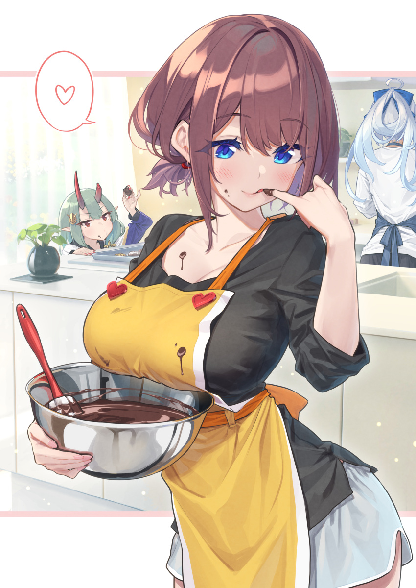 3girls absurdres akari_(baffu) apron baffu black_shirt blue_eyes blue_hair blush bowl breasts broken_horn brown_hair chocolate chocolate_on_face cleavage collarbone commentary_request cowboy_shot food food_on_face from_behind green_hair hair_ornament hand_up heart highres hitoyo_(baffu) holding holding_bowl horns indoors kitchen large_breasts multiple_girls oni oni_horns original pointy_ears red_eyes red_horns shirt short_hair skirt spoken_heart standing valentine white_skirt yellow_apron yuuna_(baffu)